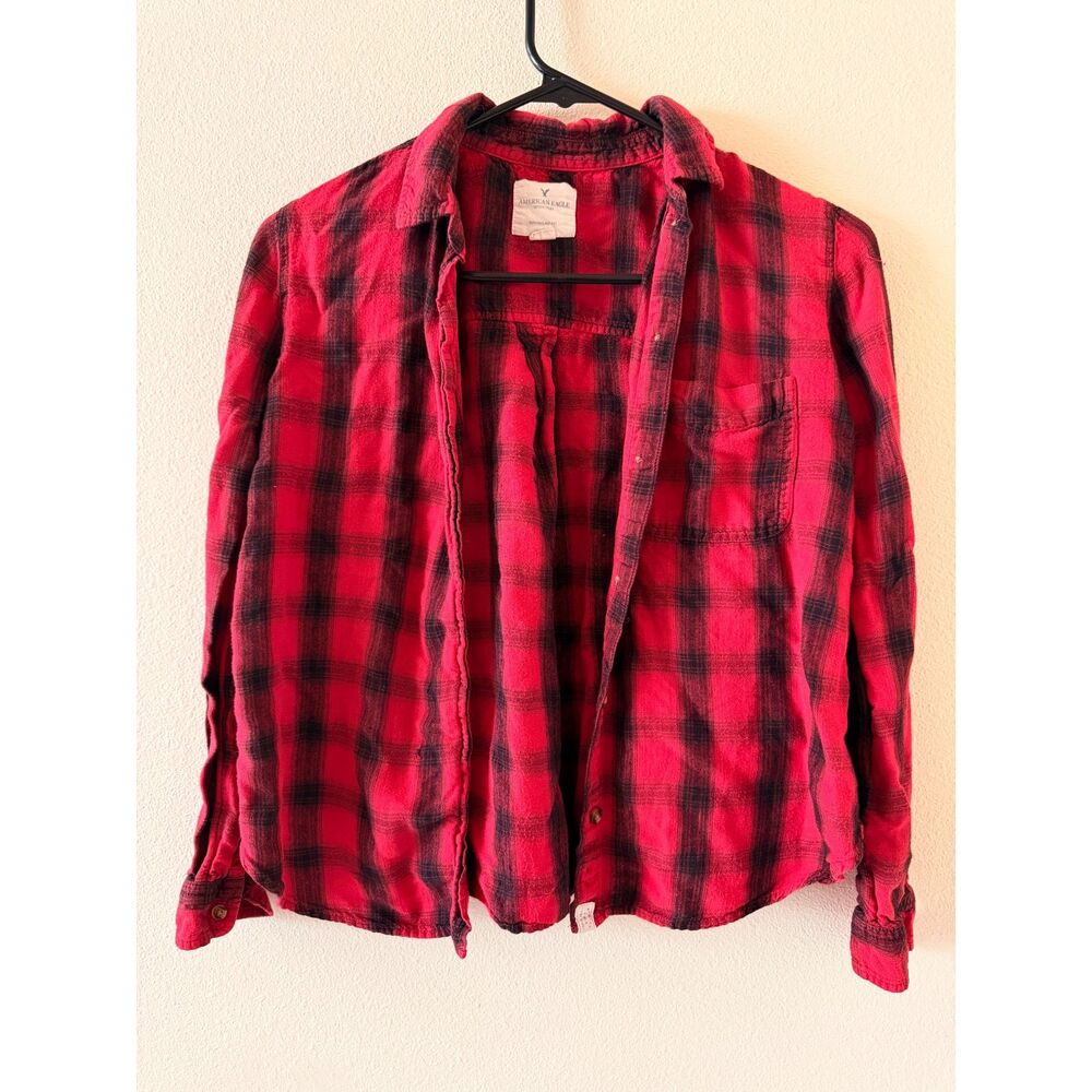 American Eagle Red Black Buffalo Plaid Boyfriend Fit Flannel Shirt Small S